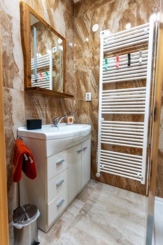 a bathroom with a sink and a mirror at Stara sončna hiša in Radovljica
