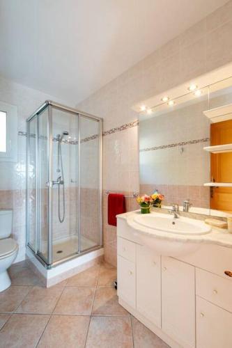 une salle de bain avec une douche, un lavabo et des toilettes dans l'établissement Standard 2ch vue mer - Ile Rousse, à LʼÎle-Rousse