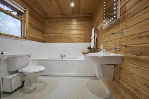 a bathroom with a toilet and a sink and a tub at Chiffchaff Lodge with Hot tub in Carlisle