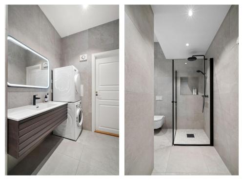 two pictures of a bathroom with a sink and a shower at Experience the luxury lifestyle 100m from Bryggen! in Bergen