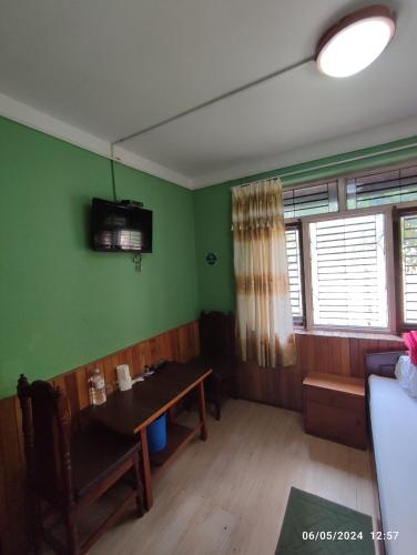 a living room with green walls and a wooden table at Hotel Mount Paradise in Nagarkot