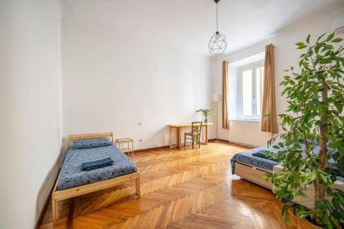 1 dormitorio con cama, mesa y planta en Nice apartment in Milan Porta Venezia Duomo, en Milán