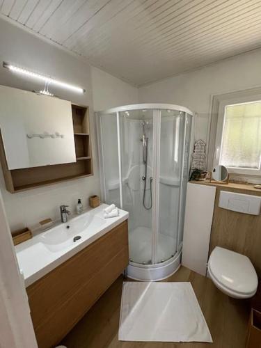 y baño con ducha, lavabo y aseo. en Maison cosy 750m de la plage, en Longeville-sur-Mer