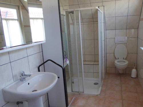een badkamer met een wastafel, een douche en een toilet bij Casa Carina Ferienhaus, Oberwohnung mit kleinem Sonnenbalkon und Terrasse in Süderschweiburg