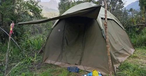 a green tent in the middle of a field at Rwenzori Mountains Safari Lodge in Kasese