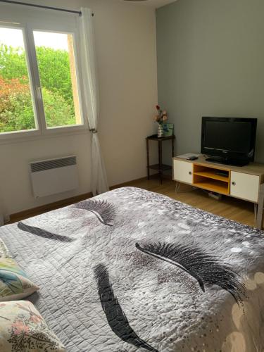 a bedroom with a bed with a drawing on it at APPARTEMENT LE DOMAINE DES LIBELLULES PROCHE WALIBI in Corbelin