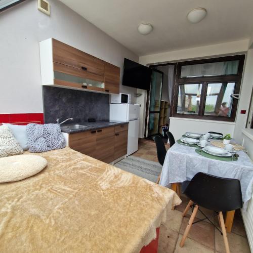 a small kitchen with a table and a kitchen with a tableablish at Bydlím U Arény in Nová Ves