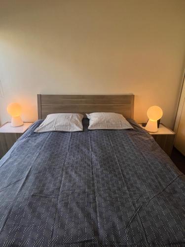 una camera da letto con un letto con due lampade sopra di Vivez en appartement en centre-ville - Hotel de ville - 1 ch a Le Havre