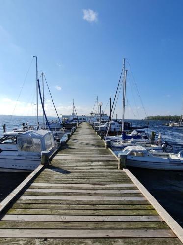 a wooden dock with boats docked in the water at Haus Springborn Ferienoase zwischen Strand, Feld und Wald in Biendorf