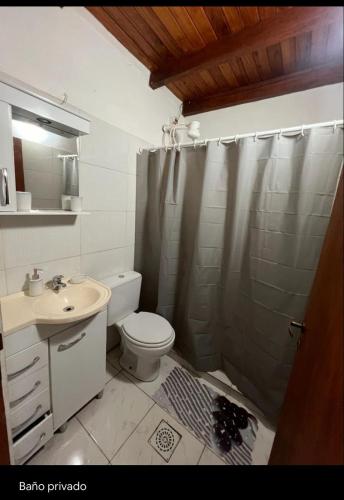 y baño con ducha, aseo y lavamanos. en La posada de Don Juan en Puerto Iguazú