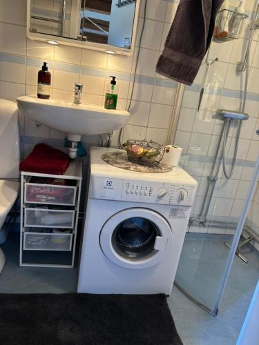 y baño con lavadora y lavamanos. en Cabin retreat in the archipelago, en Djurhamn