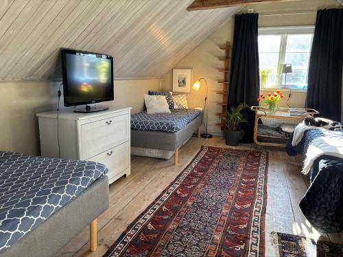 a room with two beds and a tv and a couch at Cabin retreat in the archipelago in Djurhamn