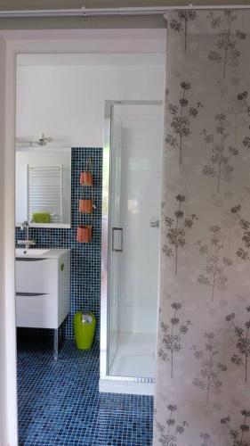 La salle de bains est pourvue d'une douche et d'un lavabo. dans l'établissement Appartement de plein pied Toulouse Nord, à Castelginest