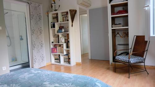 ein Schlafzimmer mit einem Bett, einem Stuhl und Bücherregalen in der Unterkunft Appartement de plein pied Toulouse Nord in Castelginest