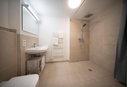 een badkamer met een toilet, een wastafel en een douche bij das windsHEIM Appartements by Vital Hotel in Bad Windsheim