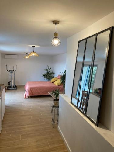 une chambre avec un lit et un grand miroir dans l'établissement Jacuzzi avec vue exceptionnelle, à Vienne