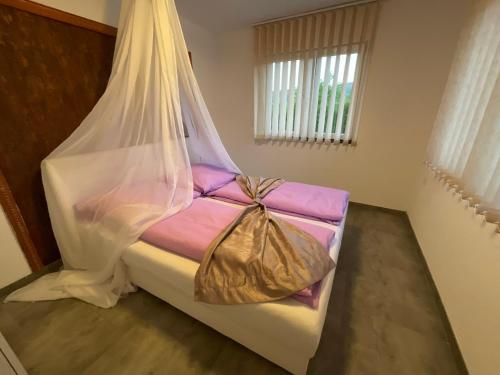 Schlafzimmer mit einem Bett mit Moskitonetz in der Unterkunft Arena Villa Apartmani in Bihać