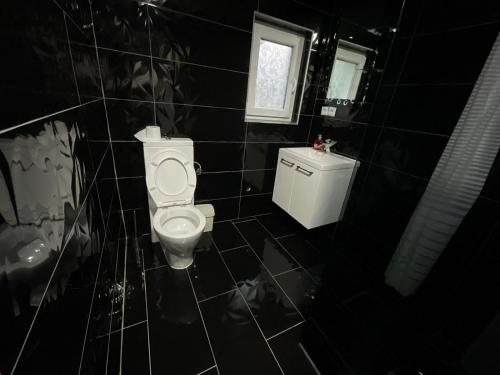 ein schwarz gefliestes Bad mit einem WC und einem Fenster in der Unterkunft Arena Villa Apartmani in Bihać