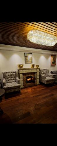 W-ONE HOTELS OOTY في أوتي: غرفة معيشة مع كنبتين ومدفأة
