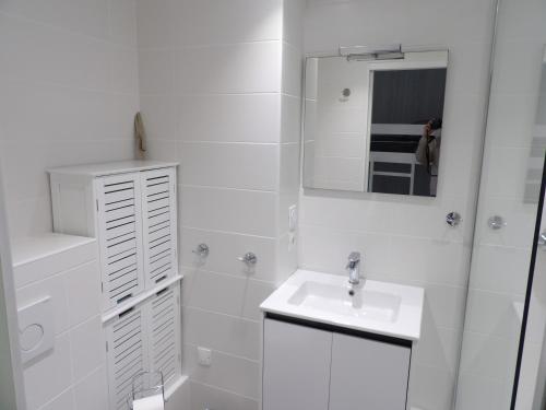 une salle de bain blanche avec un lavabo et un miroir dans l'établissement St Cyprien studio cabine avec terrasse et piscine, à Saint-Cyprien