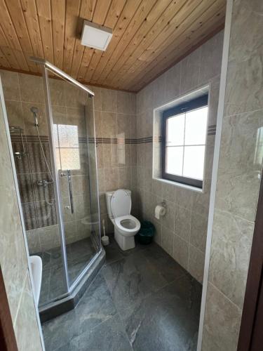 a bathroom with a shower and a toilet and a window at Soho Hutor in Bosteri