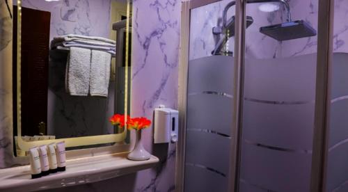 a purple bathroom with a vase of flowers on a sink at Royal Golden Pyramids Inn in Cairo