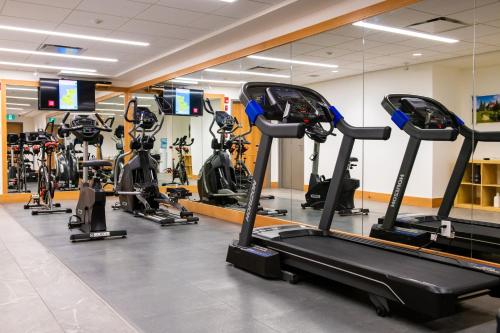 a gym with a row of tread machines at Buffalo Mountain Lodge in Banff
