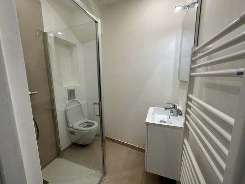 une salle de bain avec toilettes, douche et lavabo dans l'établissement C073-Studio neuf et lumineux au carre d'or Croisette, à Cannes
