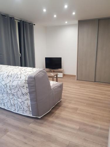 une chambre avec un lit et une télévision à écran plat dans l'établissement Maison T2 500m de la plage, à Poggio-Mezzana