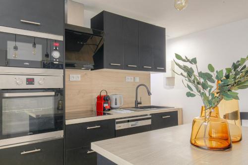 une cuisine avec des armoires noires et un vase avec une plante dans l'établissement Cosy et Charmant wifi très haut débit, à Lyon