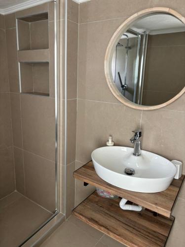 a bathroom with a sink and a mirror at Άνεμος Home in Elaiokhórion