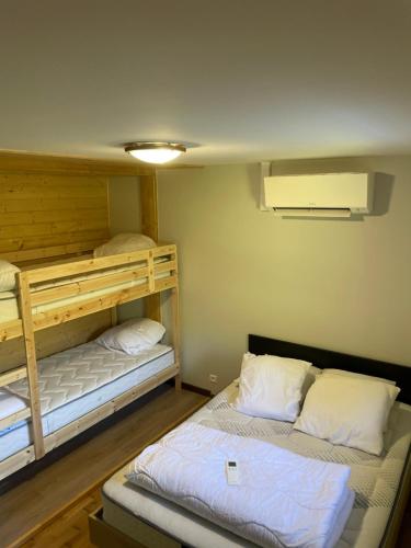 a room with two bunk beds in it at Chalet et étangs 2 chambres in Henrichemont