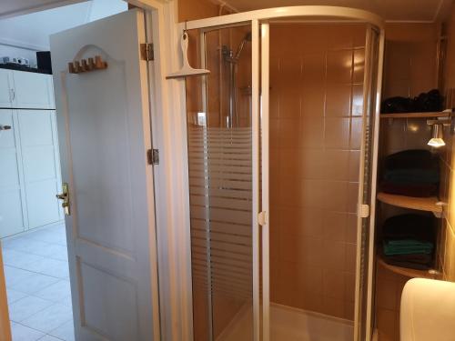 a shower with a glass door in a bathroom at Sweet Tiny House in Westbeemster