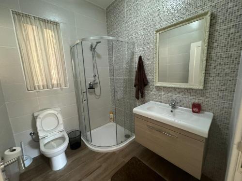 a bathroom with a toilet and a sink and a shower at Victoria Modern Apartment in Victoria