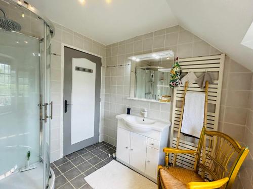 une salle de bain avec un lavabo, des toilettes et une douche dans l'établissement Maison traditionnelle bretonne proche de la mer, à Quemper-Guézennec