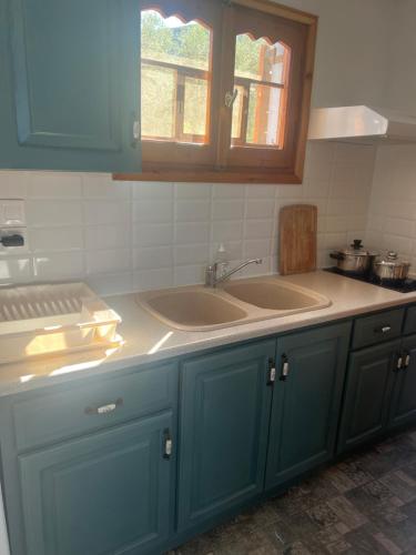 una cocina con armarios azules y fregadero en Villas Nies Seaside Appartments, en Soúrpi