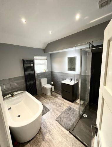 a bathroom with a tub and a toilet and a sink at The Little house with a Tub in Bangor