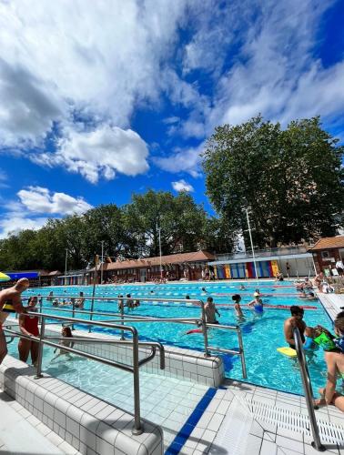 a large swimming pool with people in the water at Cozy and Peaceful Apartment with Terrace in Hackney in London
