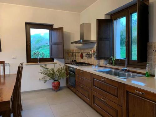 a kitchen with wooden cabinets and a sink and windows at Casa Raphael, Amandola in Amandola