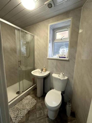La salle de bains est pourvue de toilettes, d'un lavabo et d'une douche. dans l'établissement 1 bedroom kitchen Flat, à Nottingham