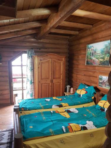 a bedroom with two beds in a log cabin at Barbu Ionel in Băile Herculane