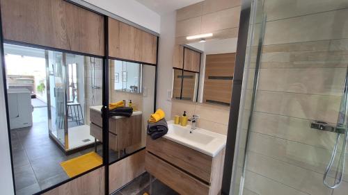 une salle de bain avec un lavabo et une douche dans l'établissement CapNat 340 Pas Seulement Desire, au Cap d'Agde