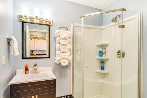 a bathroom with a sink and a shower at Home Near Downtown and Lucas Oil Stadium! in Indianapolis