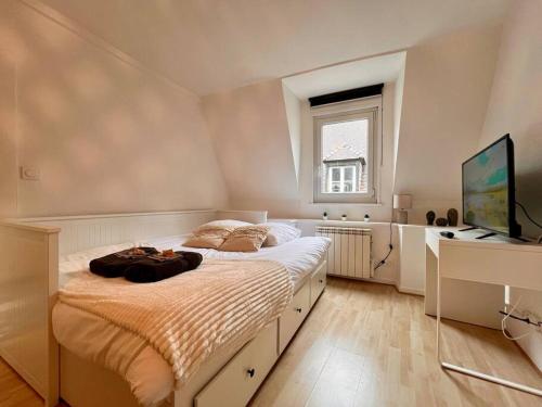 une chambre avec un grand lit et un bureau dans l'établissement Appartement 2 prsn Au pied de la Citadelle, à Besançon