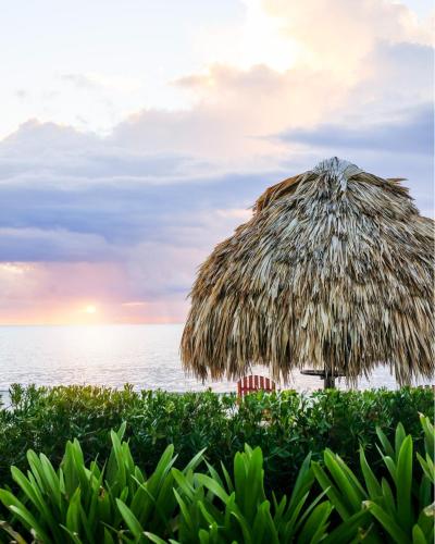 a straw umbrella on the beach with the ocean at St. George's Caye Resort in Belize City