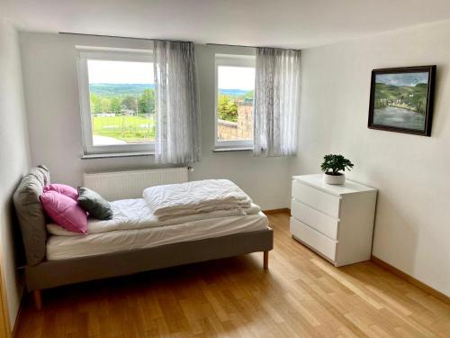 a bedroom with a bed and two windows at Cosy Room in Remich in Remich