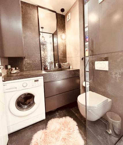 un bagno con lavatrice e WC di Chic Riverview Apartment a Prizren