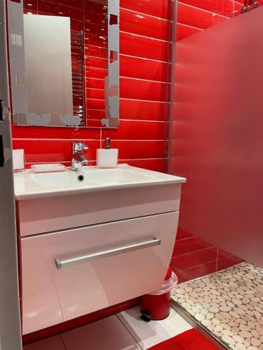 La salle de bains est pourvue d'un lavabo et d'un mur rouge. dans l'établissement Schirmeck Apartment, à Strasbourg