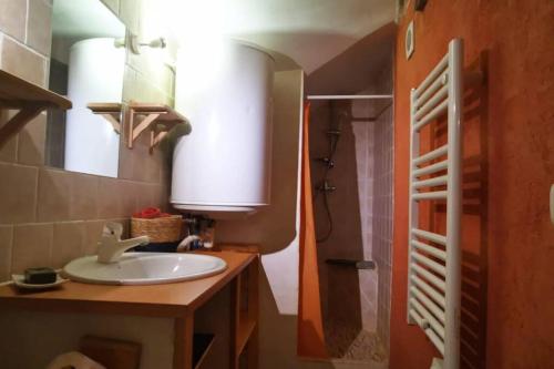 une salle de bain avec un lavabo et une douche dans l'établissement Charmant Appartement de 39m2 à Guillestre, à Guillestre