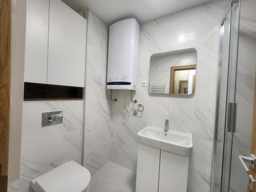een witte badkamer met een toilet en een wastafel bij Eleven Apartment in Podgorica